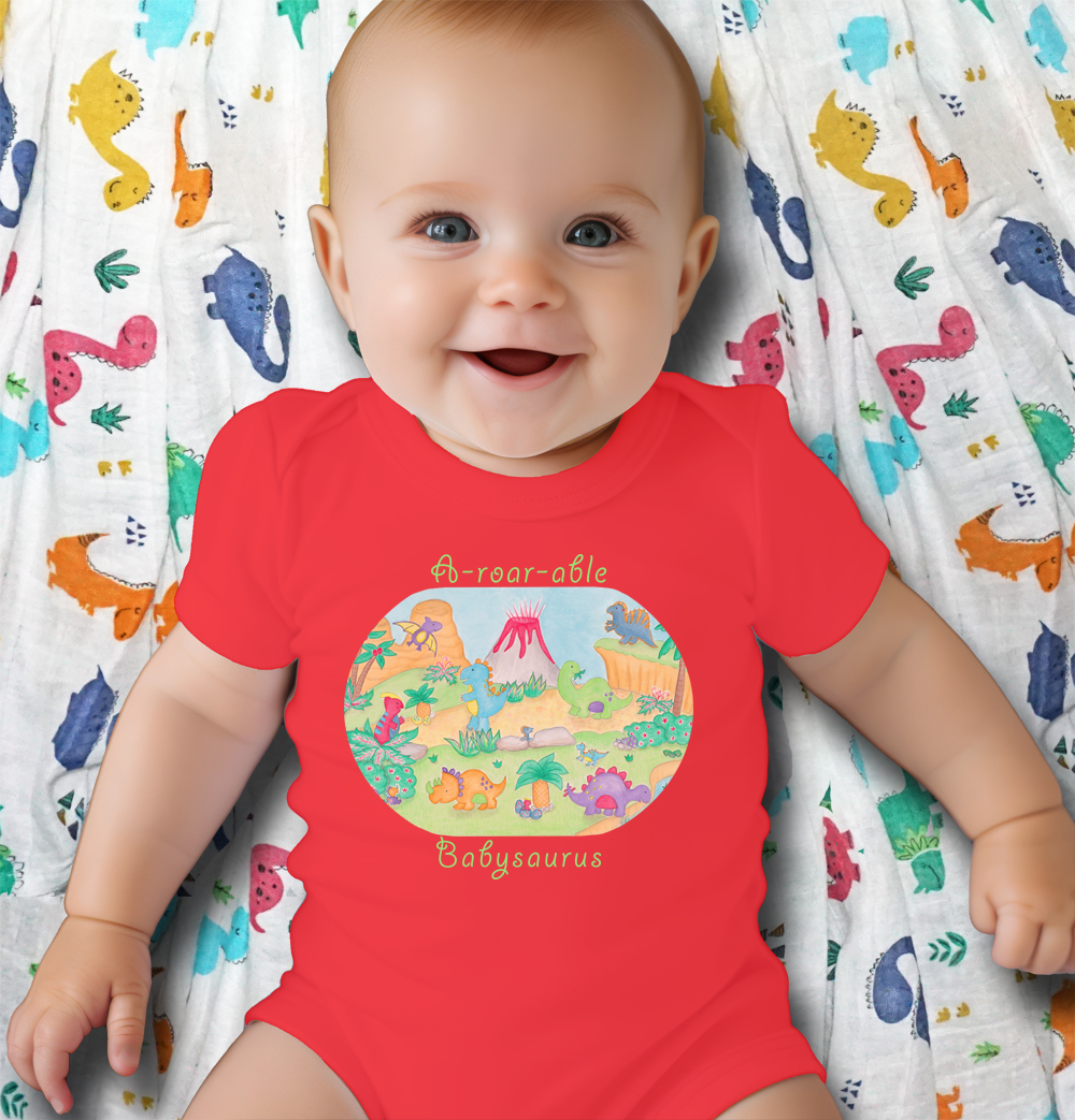 Dinosaur baby boy romper: Baby boy gifts "A-roar-able Babysaurus" baby gift set. Red bodysuit and baby swaddle wraps, gift set for newborn