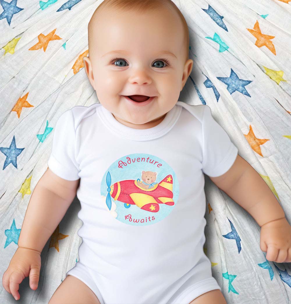 Baby Shower Gifts: White Infant Romper "Adventure Awaits" Bear Onesie with Baby Muslin Wrap