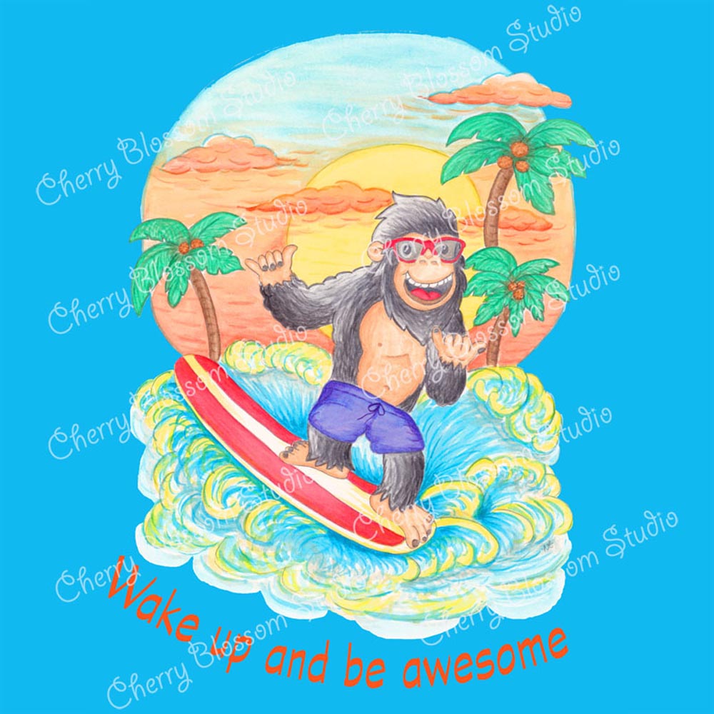 Boys T Shirts: Aqua tee "Wake Up and Be Awesome" Surfboard T Shirts with Gorilla