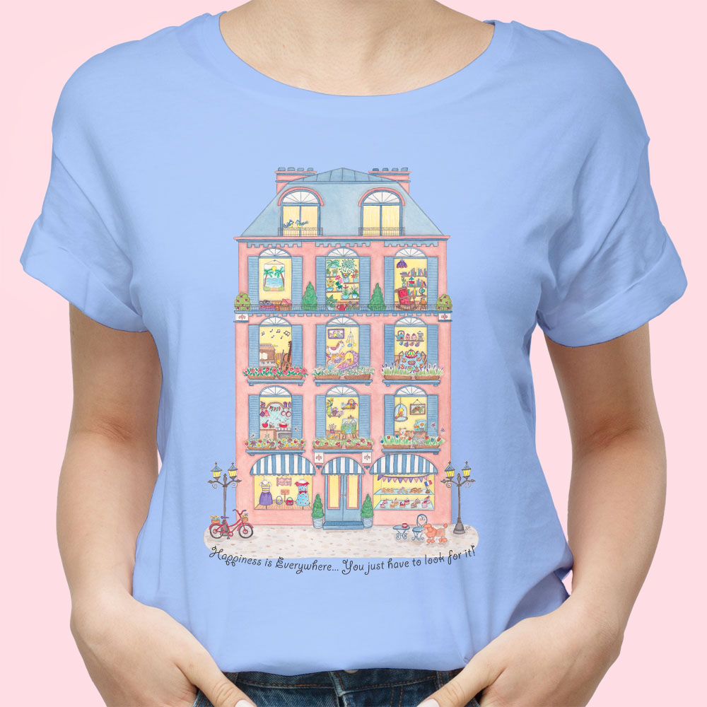 Blue T shirt: Blue colour T shirt "Happiness is Everywhere" Women's t shirts; Cotton t shirts women, Graphic tees women
