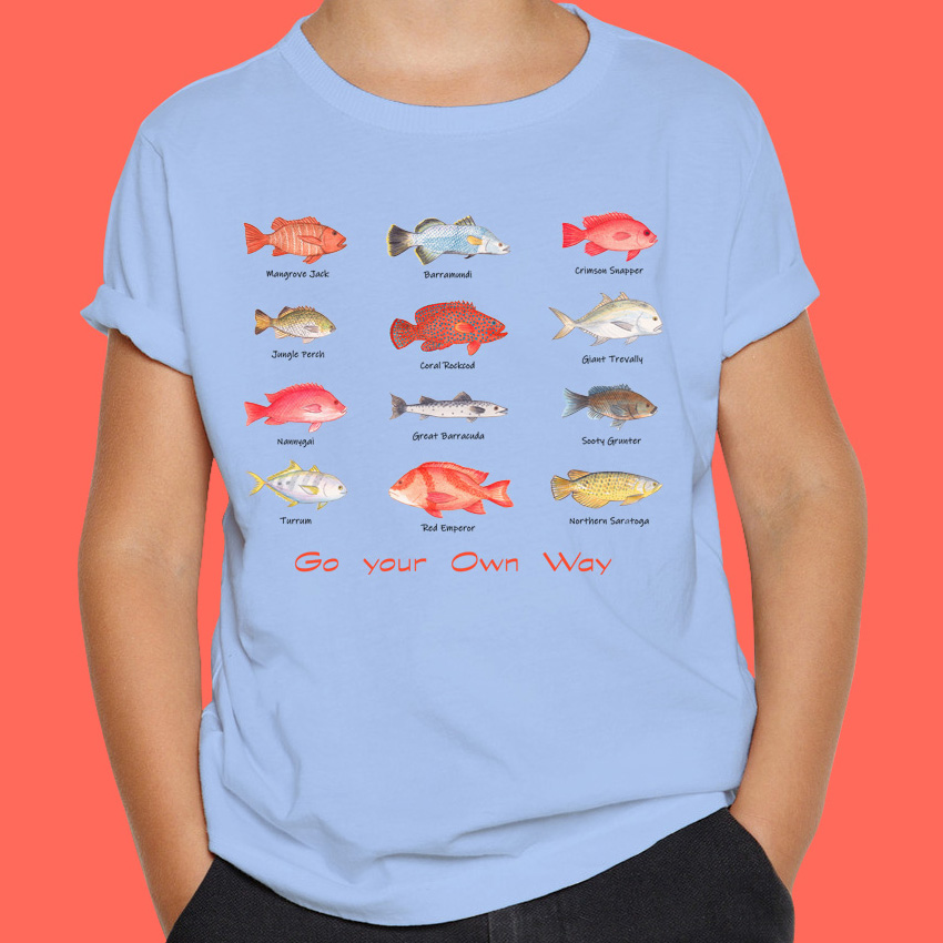 Fish T shirt: Boys T shirts "Go Your Own Way" with Cairns Fish. Blue T shirt, Fishing gifts, Boys Tshirts, Fishing tee shirts