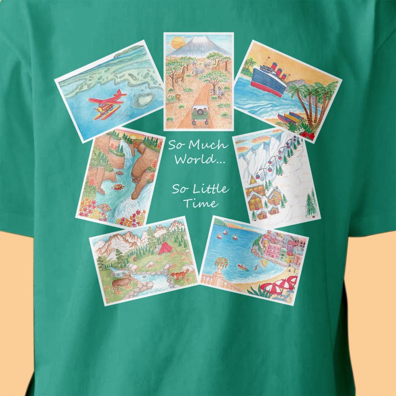 Mens T shirts: Postcard T shirt "So Much World... So Little Time" Mens Graphic Tees Green T shirt 