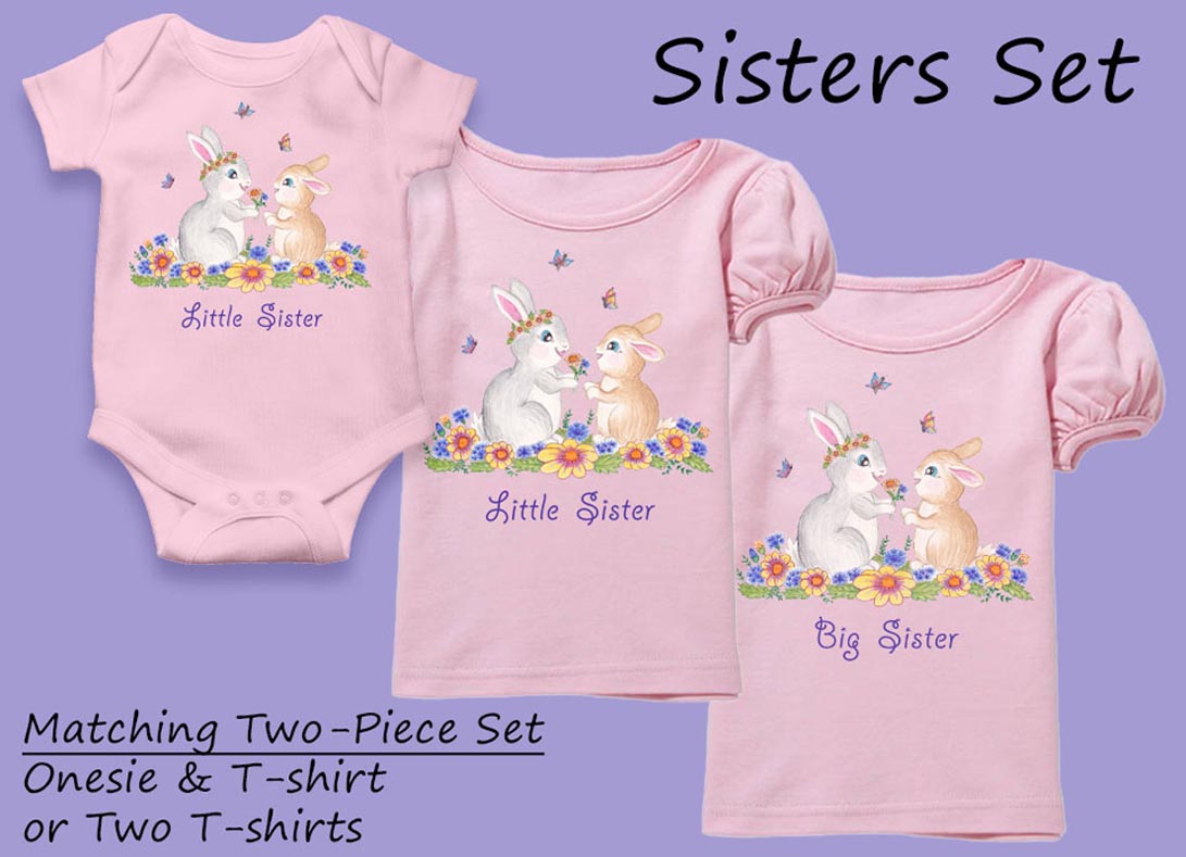 Big Sister and Little Sister Outfits: Baby Girl Rompers and Big Sister T shirt with Cute Bunnies