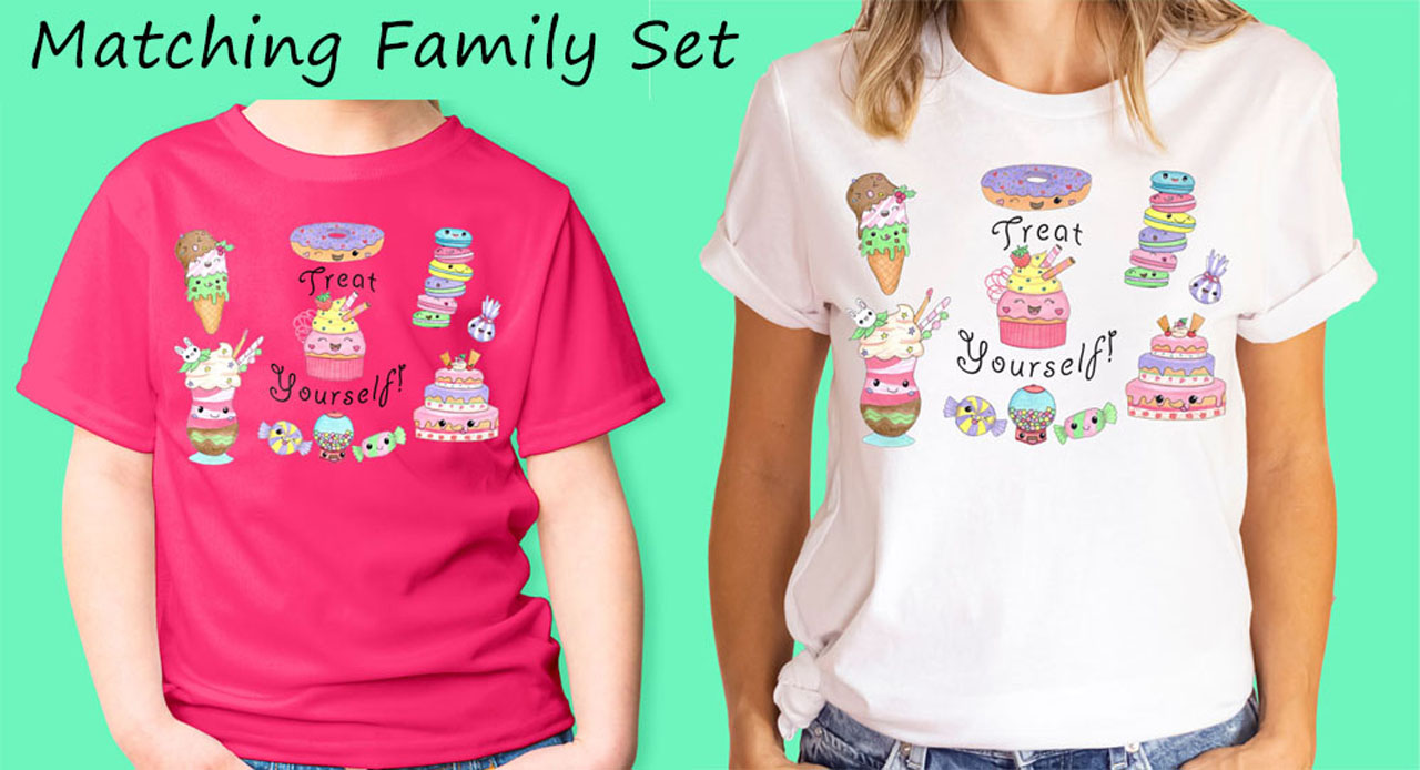 Girls T shirts: Pink T shirt "Treat Yourself" Girl T shirt with Kawaii Cake