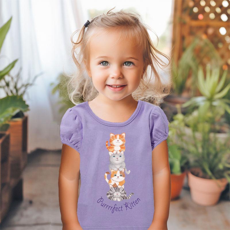Toddler girl clothes: Cat T shirt "Purrrfect Kitten” Purple Girl T shirt with Cats Stacked on Top of Each Other