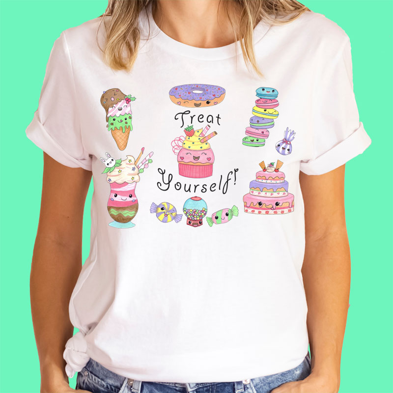 White T shirt Women: Cotton T shirt "Treat Yourself" Womens T-shirts with Kawaii Cake