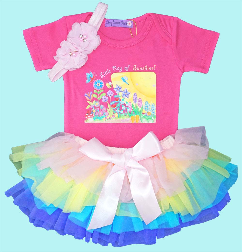 Baby Girl Clothes: Baby Girl Rompers "Little Ray of Sunshine" with Rainbow Tutu and Flower Baby Headband