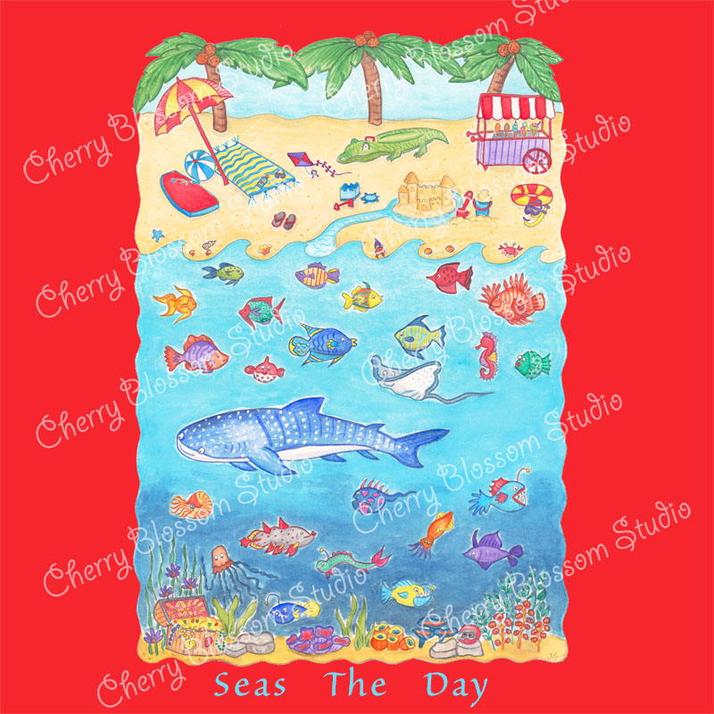 Beach T shirts: Red T shirt "Seas the Day" Children T shirt. Whale shark T shirts, Beach tee shirts, Boys T shirts, Girl T shirt, Red colour T shirt