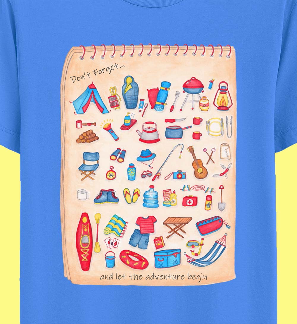 Boys T shirts: Camping Shirts "Camping List" Blue T shirt for Camping Gifts