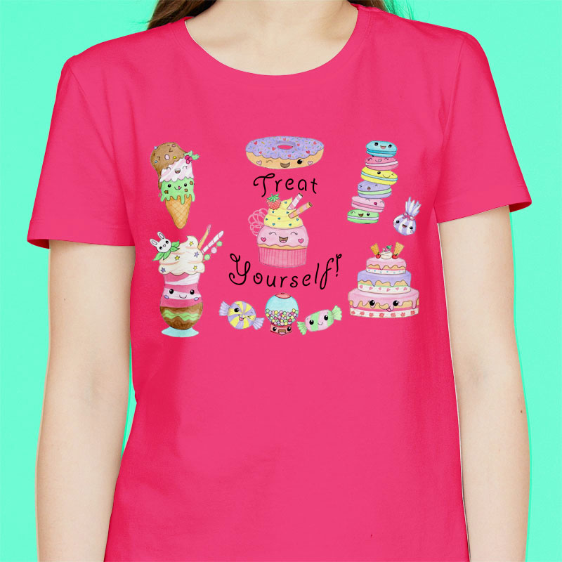 Girls T shirts: Hot Pink T shirt "Treat Yourself" Girl T shirt with Kawaii Cake