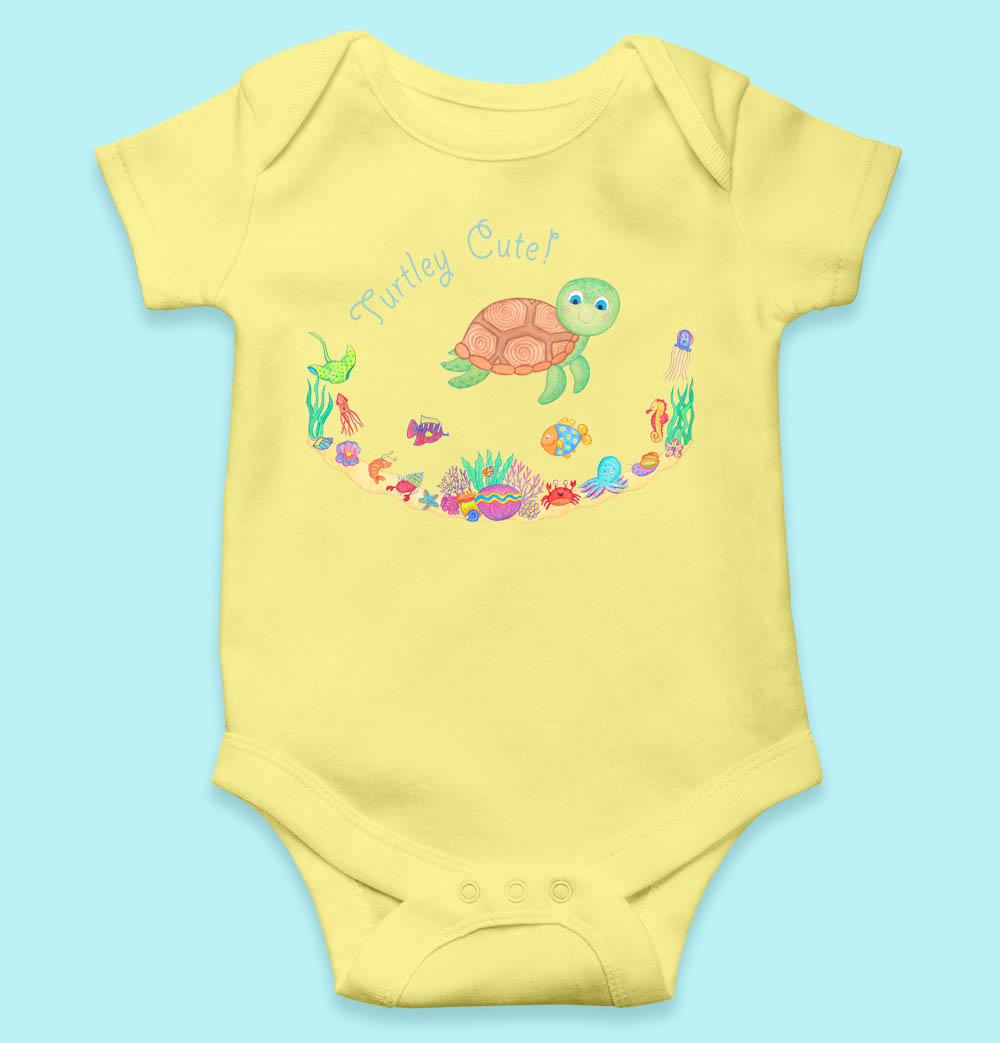 Baby Gift Set: Yellow Onesie "Turtley Cute" Unisex Baby Romper with Cute Turtle and Baby Wraps