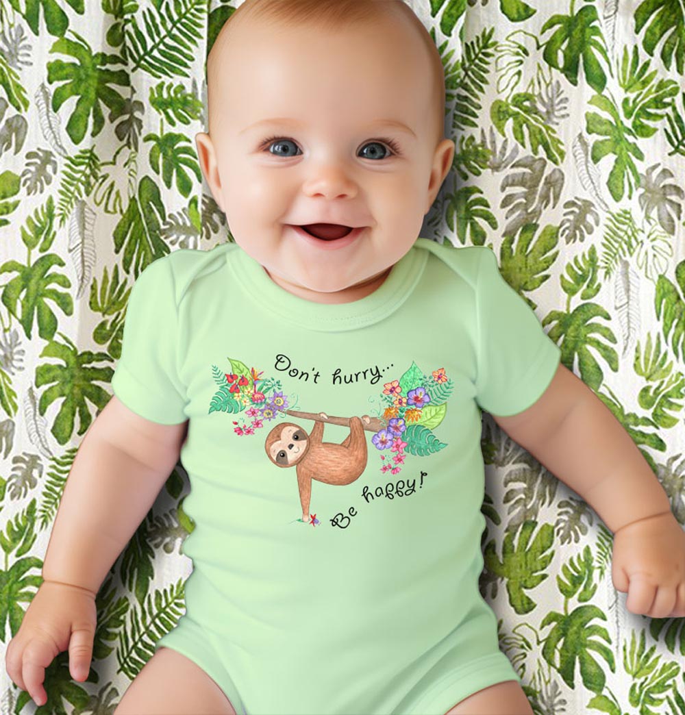 Baby Shower Gifts: Unisex Baby Clothes "Don't Hurry Be Happy" Romper with Baby Sloth and Muslin Swaddle