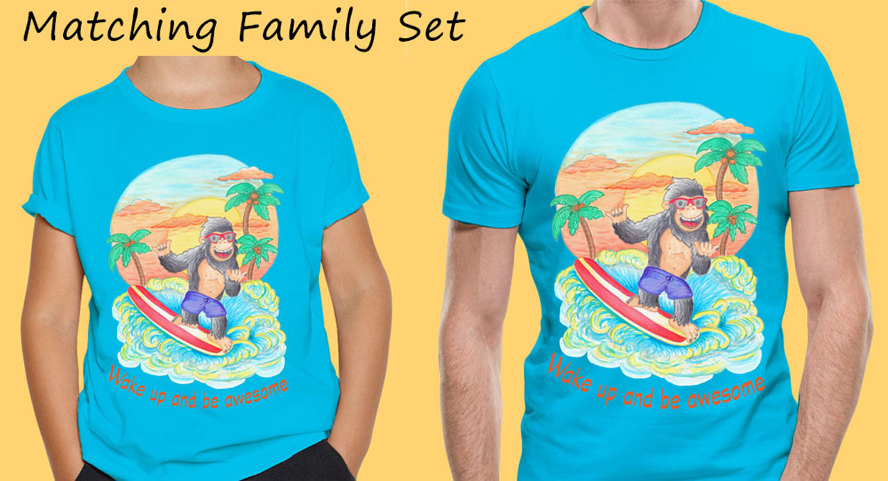 Dad and Son Matching T Shirts: Surfboard T shirts "Wake Up and Be Awesome" Aqua Tee with Surfing Gorilla. Matching Family T Shirts; Father and Son Matching T Shirts.