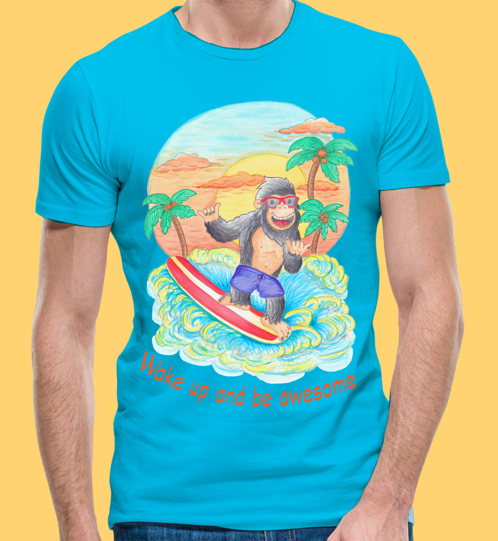 Aqua tee: Surfboard T-Shirts "Wake Up and Be Awesome" Blue T-Shirt with Surfing Gorilla
