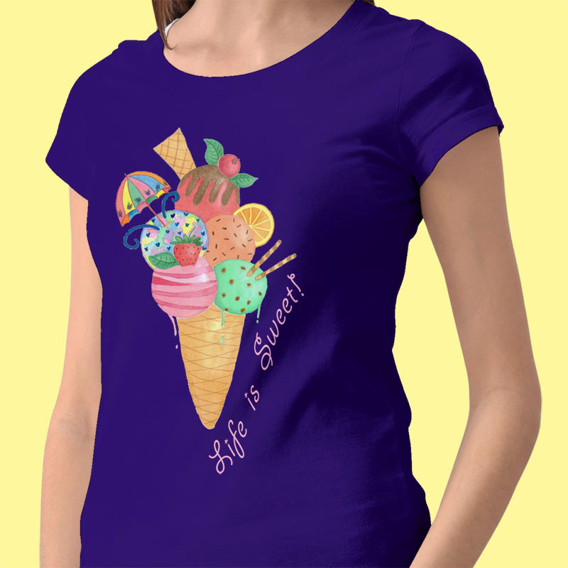 Purple T shirt: Purple Colour T shirt "Life is Sweet" Womens Graphic Tees with Icecream Cone