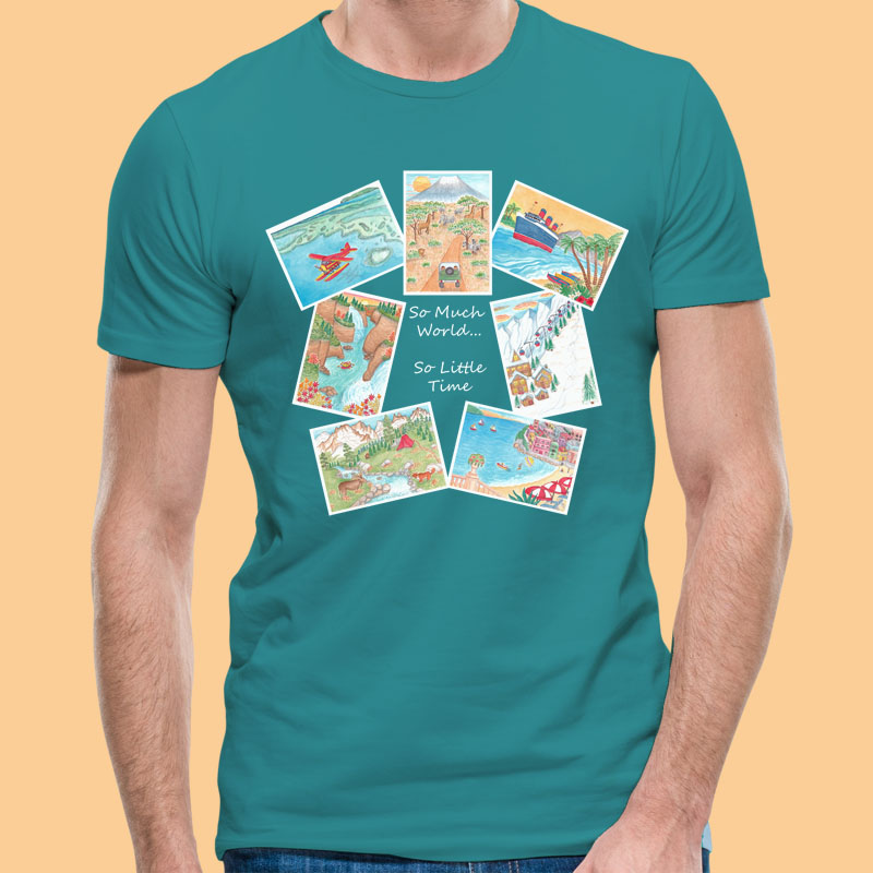 Mens Graphic Tees: Postcard T shirt "So Much World... So Little Time" Male Graphic Tees Holiday T shirts