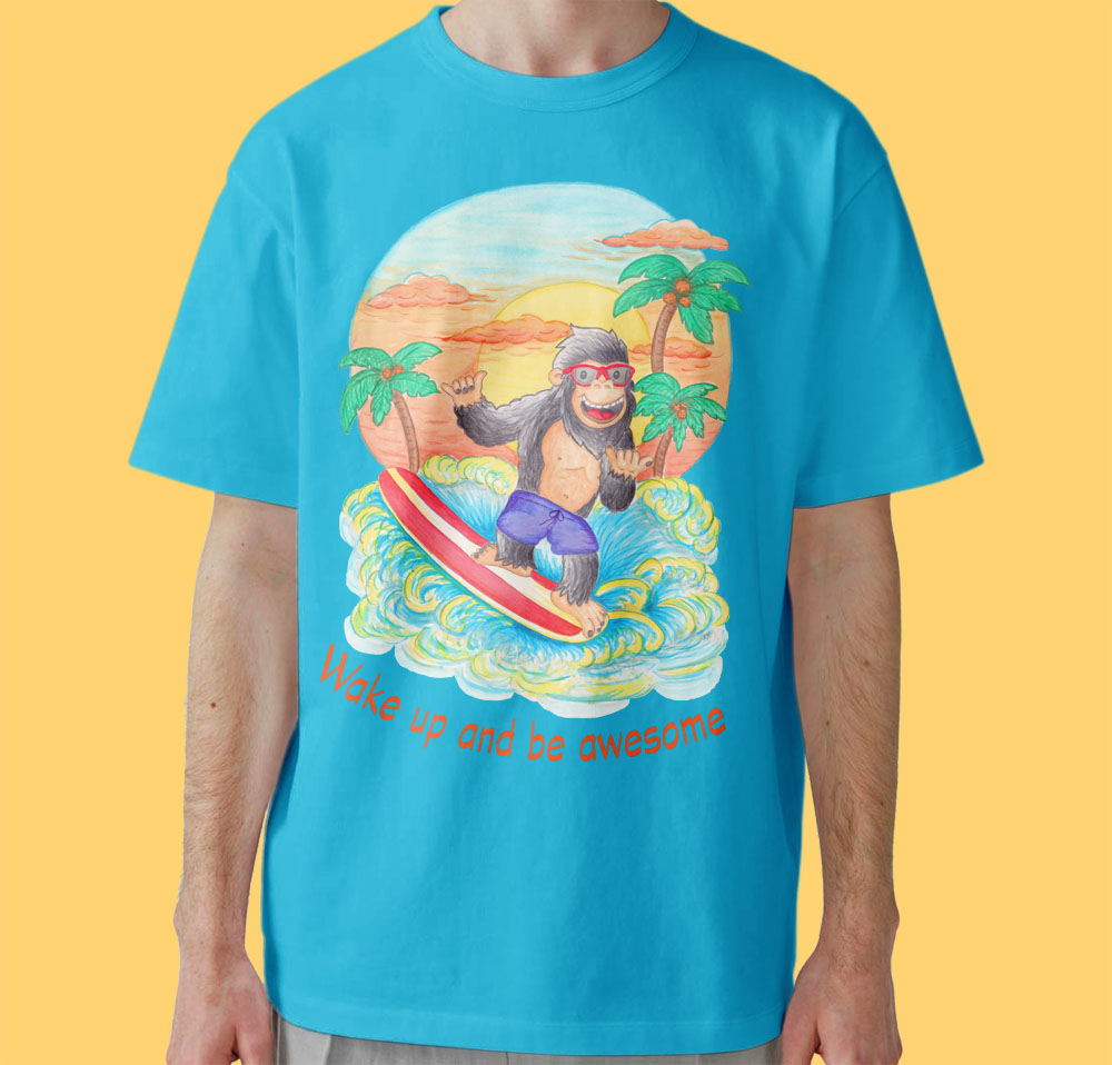Aqua tee: Surfboard T-Shirts "Wake Up and Be Awesome" Blue T-Shirt with Surfing Gorilla