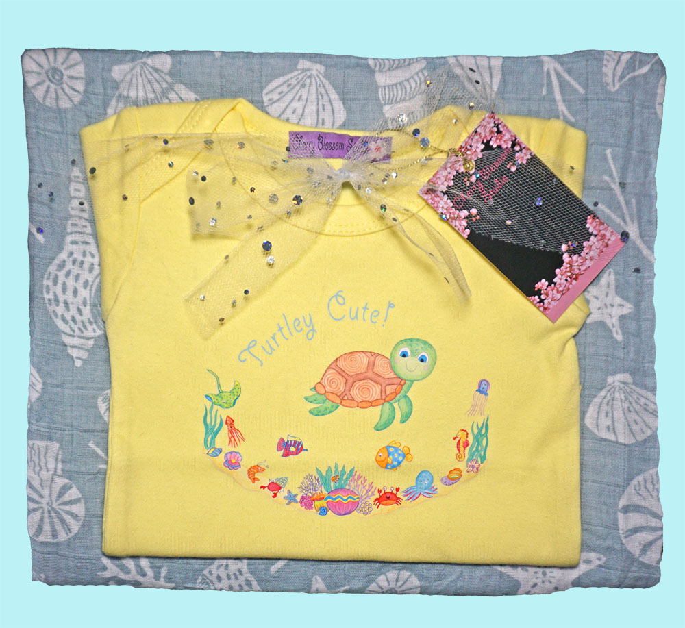 Baby Gift Set: Yellow Onesie "Turtley Cute" Unisex Baby Romper with Cute Turtle and Baby Wraps