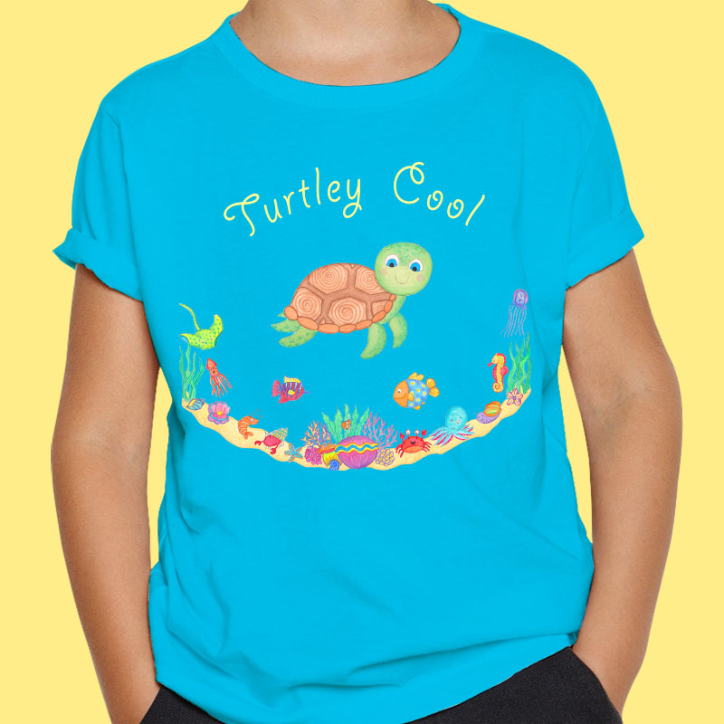 Blue T Shirt: Turtle T Shirt "Turtley Cool", Blue colour T Shirt with Cute Turtle for Kids