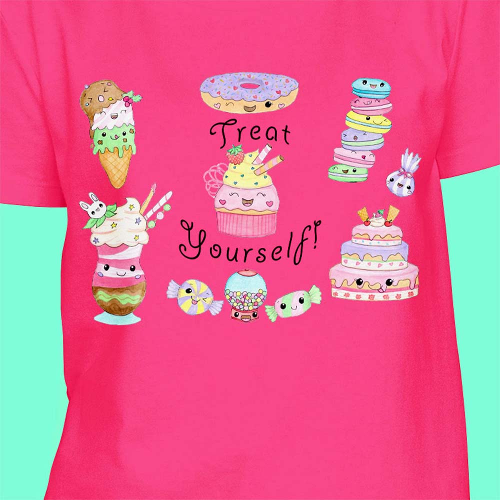 Girls T shirts: Pink T shirt "Treat Yourself" Girl T shirt with Kawaii Cake