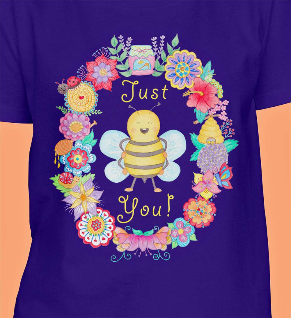 Womens Graphic Tees: Women's T Shirts "Just Bee You" Purple T shirt with Cute Bee and Flowers
