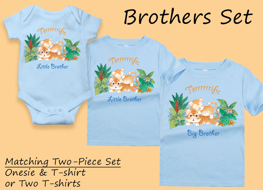 Big Brother and Baby Gift Set: Matching Big Brother T shirt and Little Brother T shirt or Baby Boy Rompers with Tiger Artwork