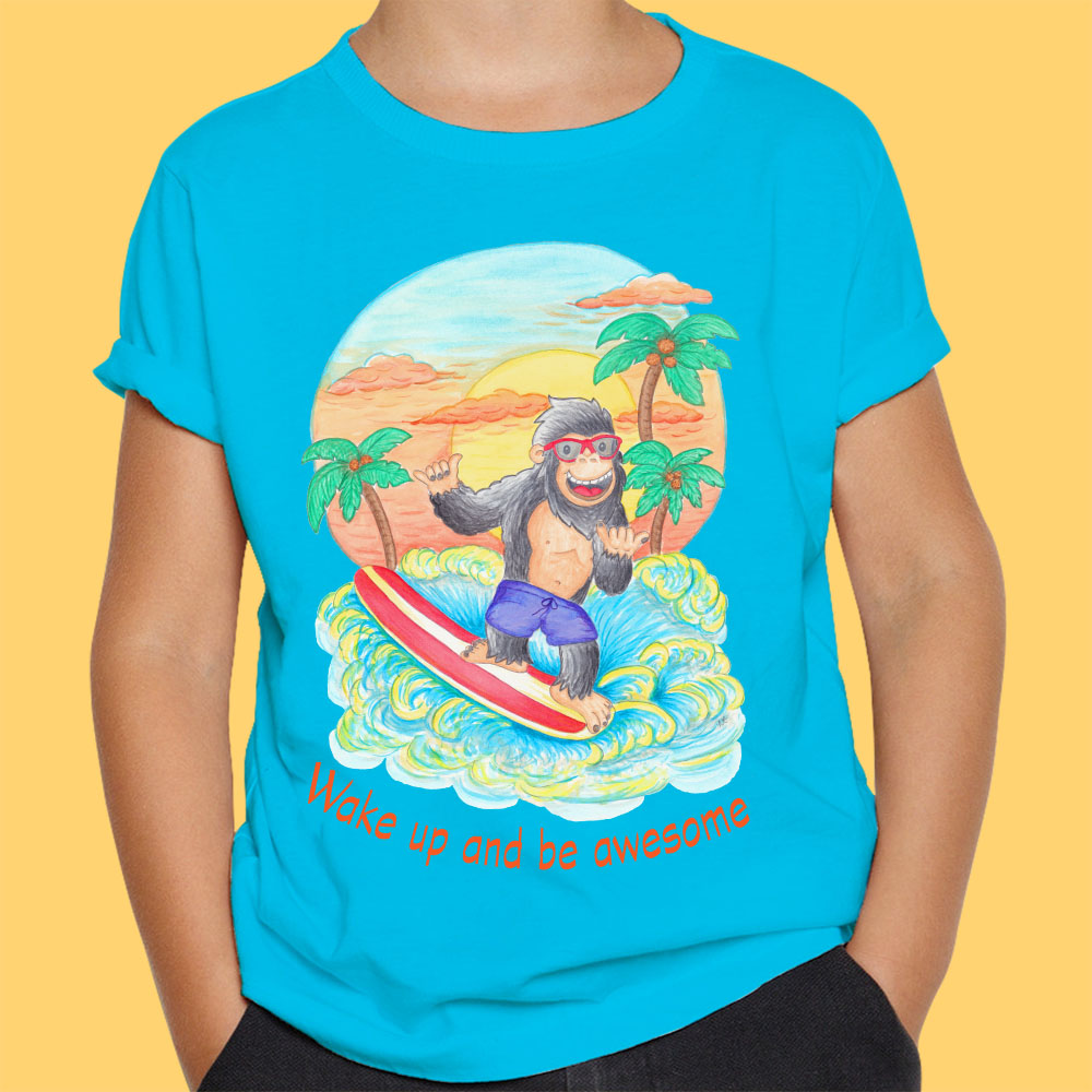 Aqua tee: Surfboard T-Shirts "Wake Up and Be Awesome" Blue T-Shirt with Surfing Gorilla