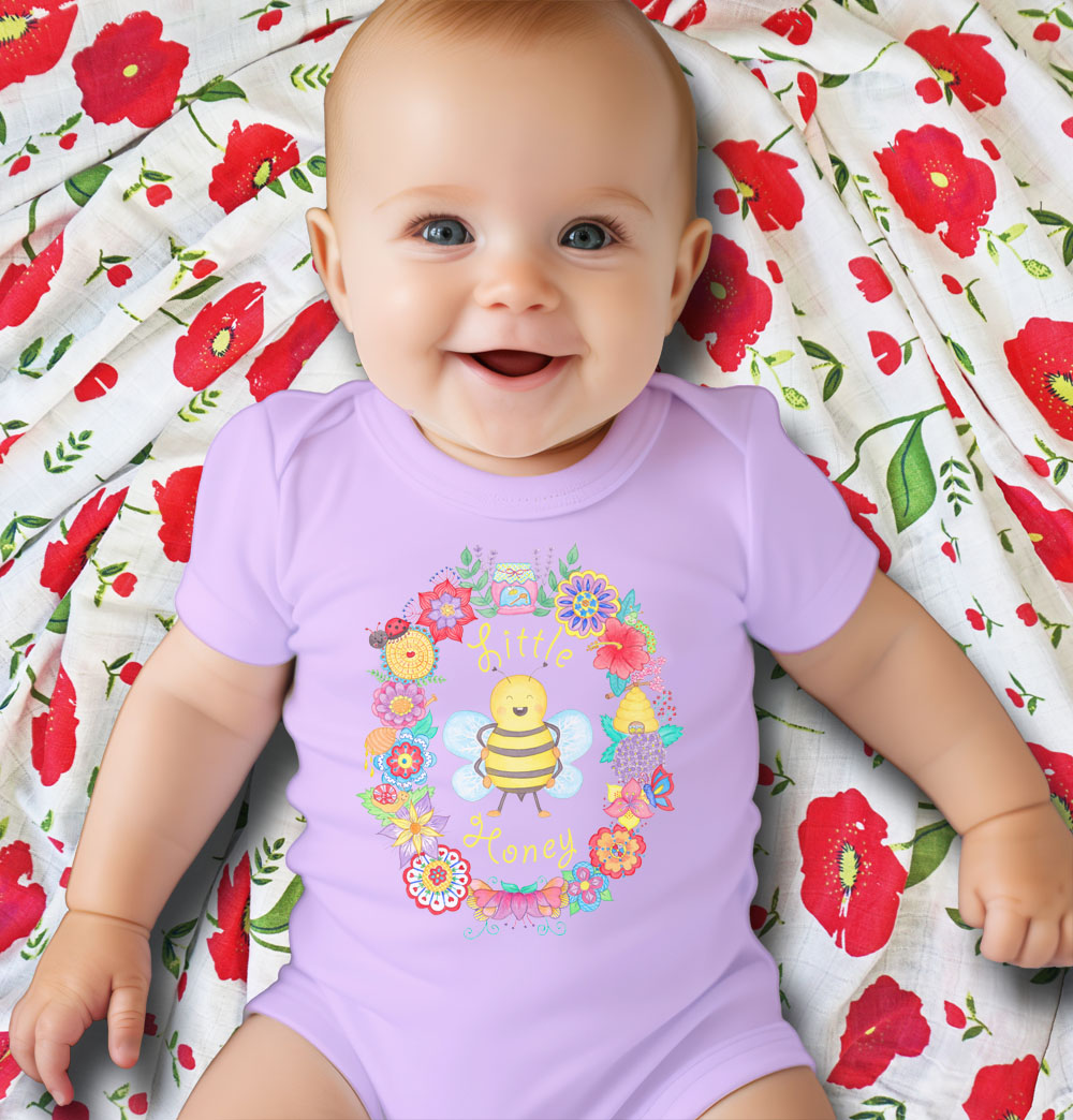 Baby girl gifts: Purple bodysuit "Little Honey" with cute bee, baby girl rompers and baby wraps; Baby gift set