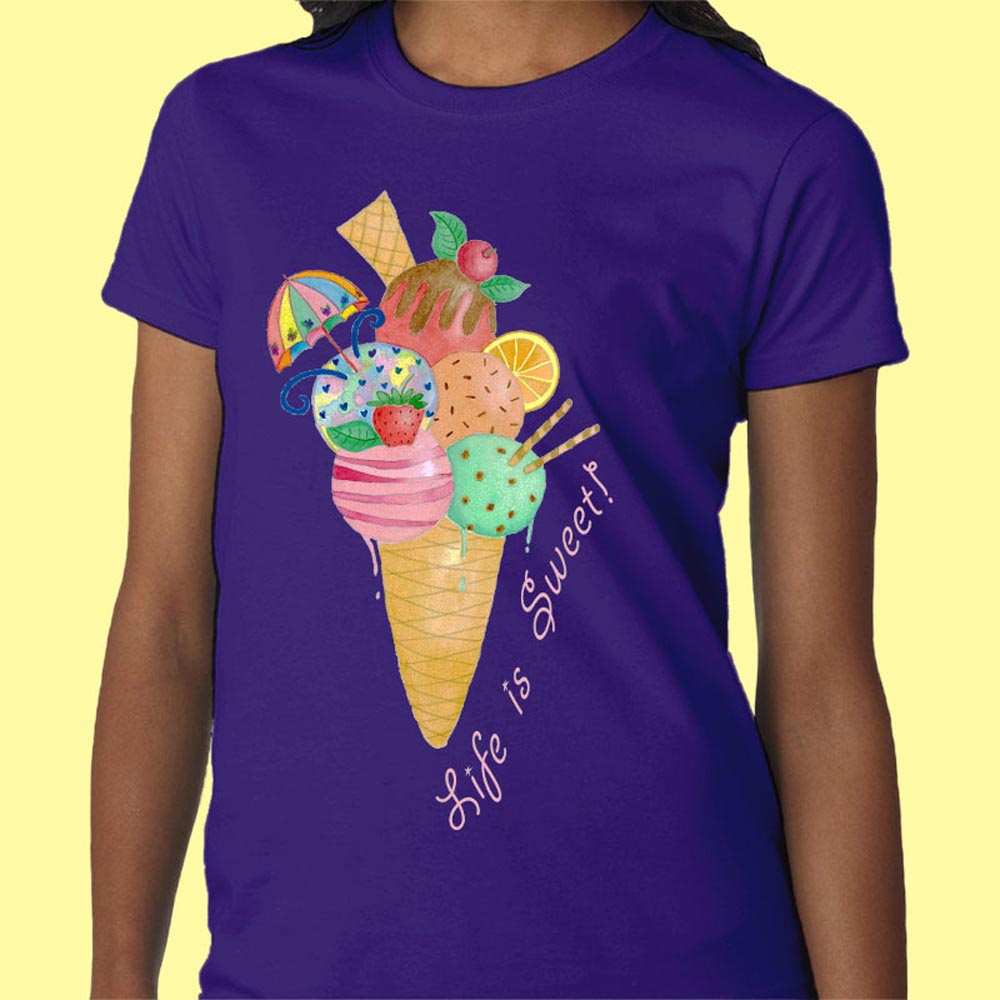Girls T shirts: Purple Colour T shirt "Life is Sweet" Girl T Shirt with Icecream Cone