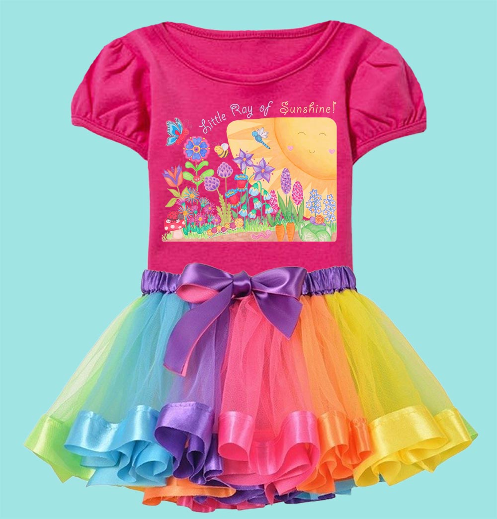 Toddler girl clothes: Pink T shirt "Little Ray of Sunshine” Girl T shirt with Rainbow Tutu