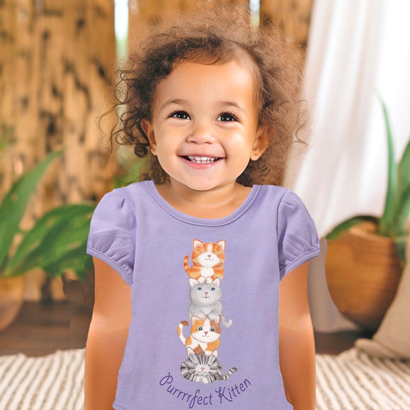Toddler girl clothes: Cat T shirt "Purrrfect Kitten” Purple Girl T shirt with Cats Stacked on Top of Each Other