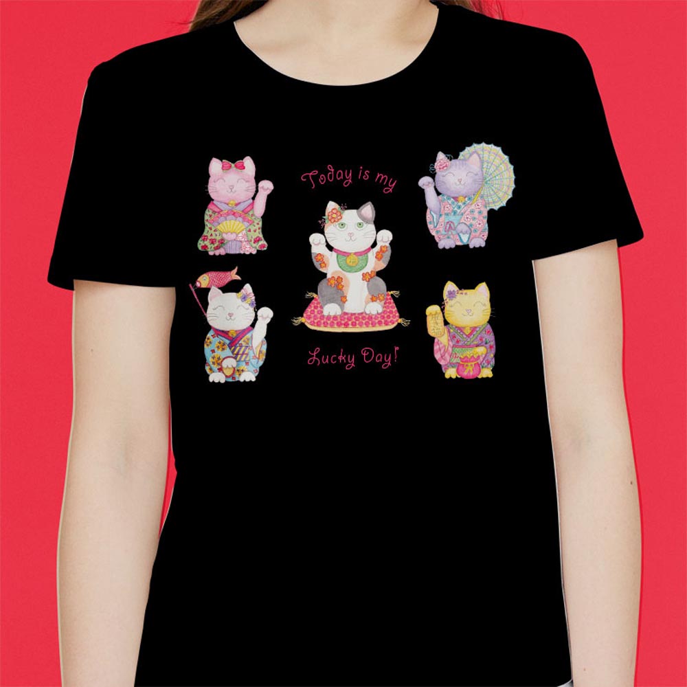 Womens Graphic Tees: Black T shirt "Today is my Lucky Day" Women's T shirts with Maneki Neko Lucky Cat