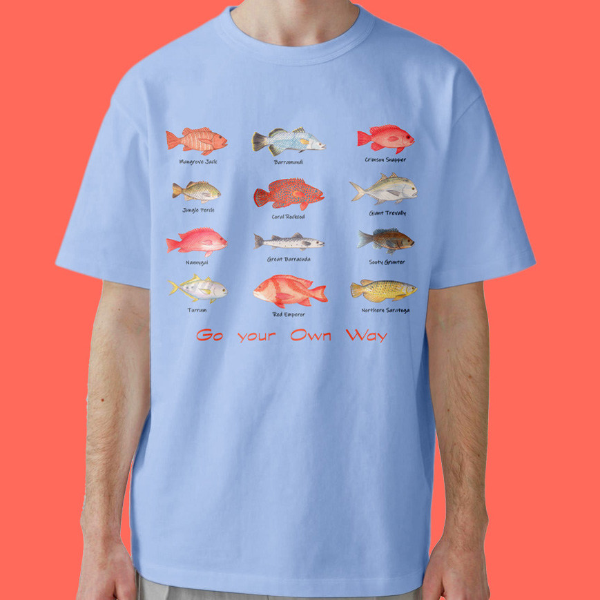Fish T shirt: Boys T shirts "Go Your Own Way" with Cairns Fish. Blue T shirt, Fishing gifts, Boys Tshirts, Fishing tee shirts