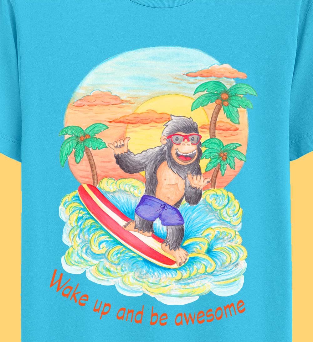 Mens Graphic Tees: Surfboard T Shirts "Wake Up and Be Awesome" Aqua Tee with Surfing Gorilla