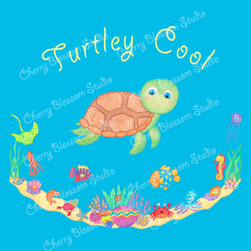 Blue T Shirt: Turtle T Shirt "Turtley Cool", Blue colour T Shirt with Cute Turtle for Kids