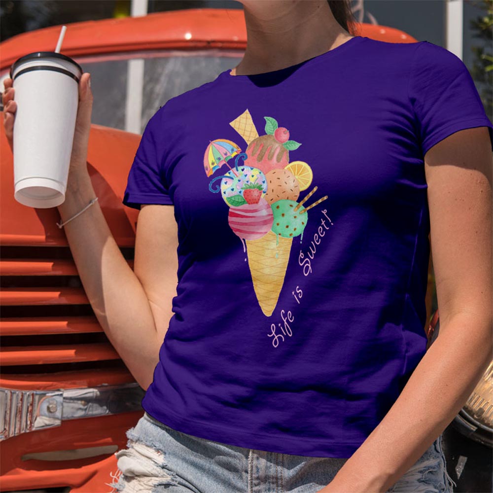 Girls T shirts: Purple Colour T shirt "Life is Sweet" Girl T Shirt with Icecream Cone