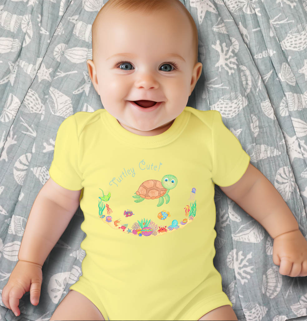 Baby Gift Set: Yellow Onesie "Turtley Cute" Unisex Baby Romper with Cute Turtle and Baby Wraps