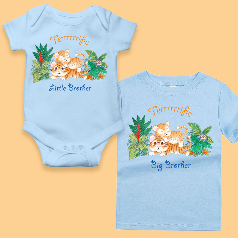 Big Brother and Baby Gift Set: Matching Big Brother T shirt and Little Brother T shirt or Baby Boy Rompers with Tiger Artwork