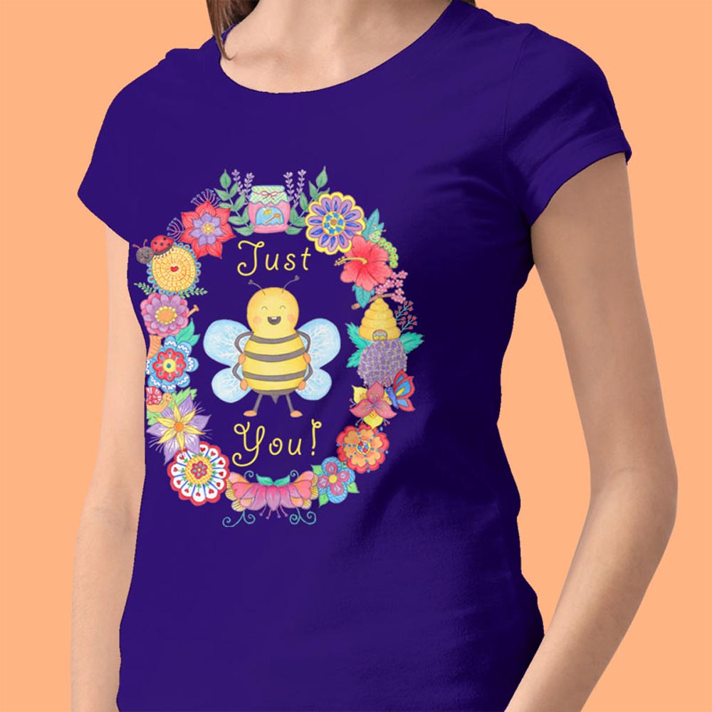 Womens Graphic Tees: Women's T Shirts "Just Bee You" Purple T shirt with Cute Bee and Flowers