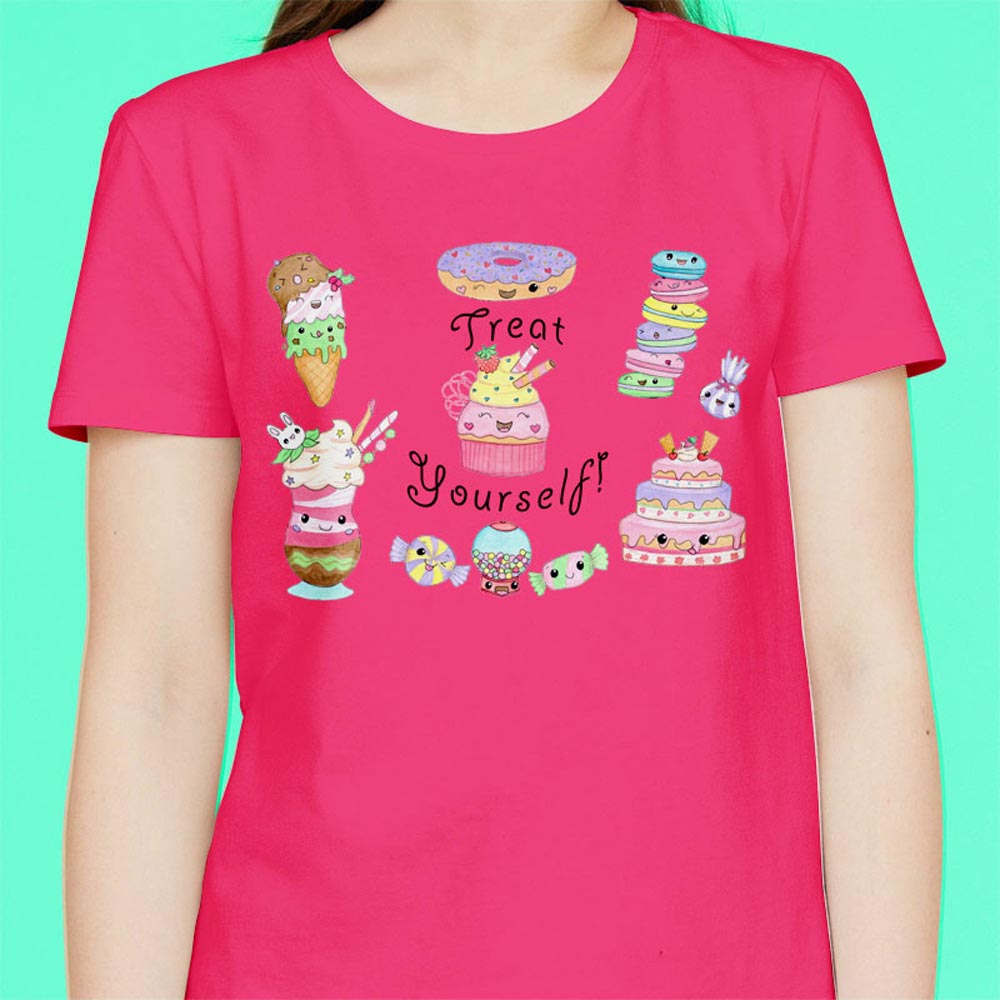 Girls T shirts: Pink T shirt "Treat Yourself" Girl T shirt with Kawaii Cake