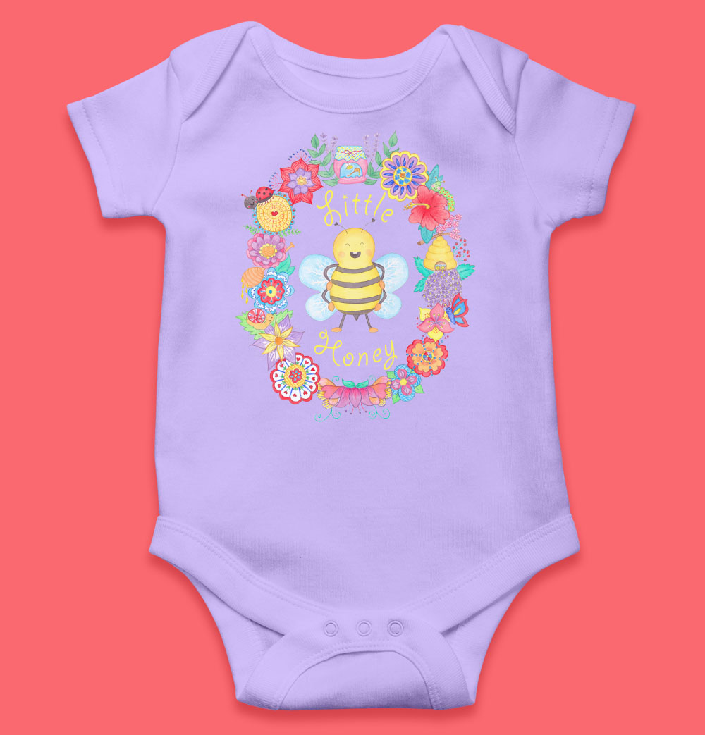 Baby girl gifts: Purple bodysuit "Little Honey" with cute bee, baby girl rompers and baby wraps; Baby gift set
