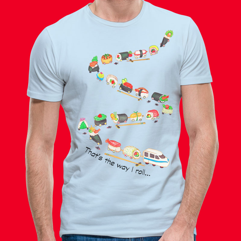Sushi Lovers: Light blue T shirt "That's the way I roll" Children T shirt with Sushi Train. Blue T shirt, Japanese tee shirt, Sushi T shirt