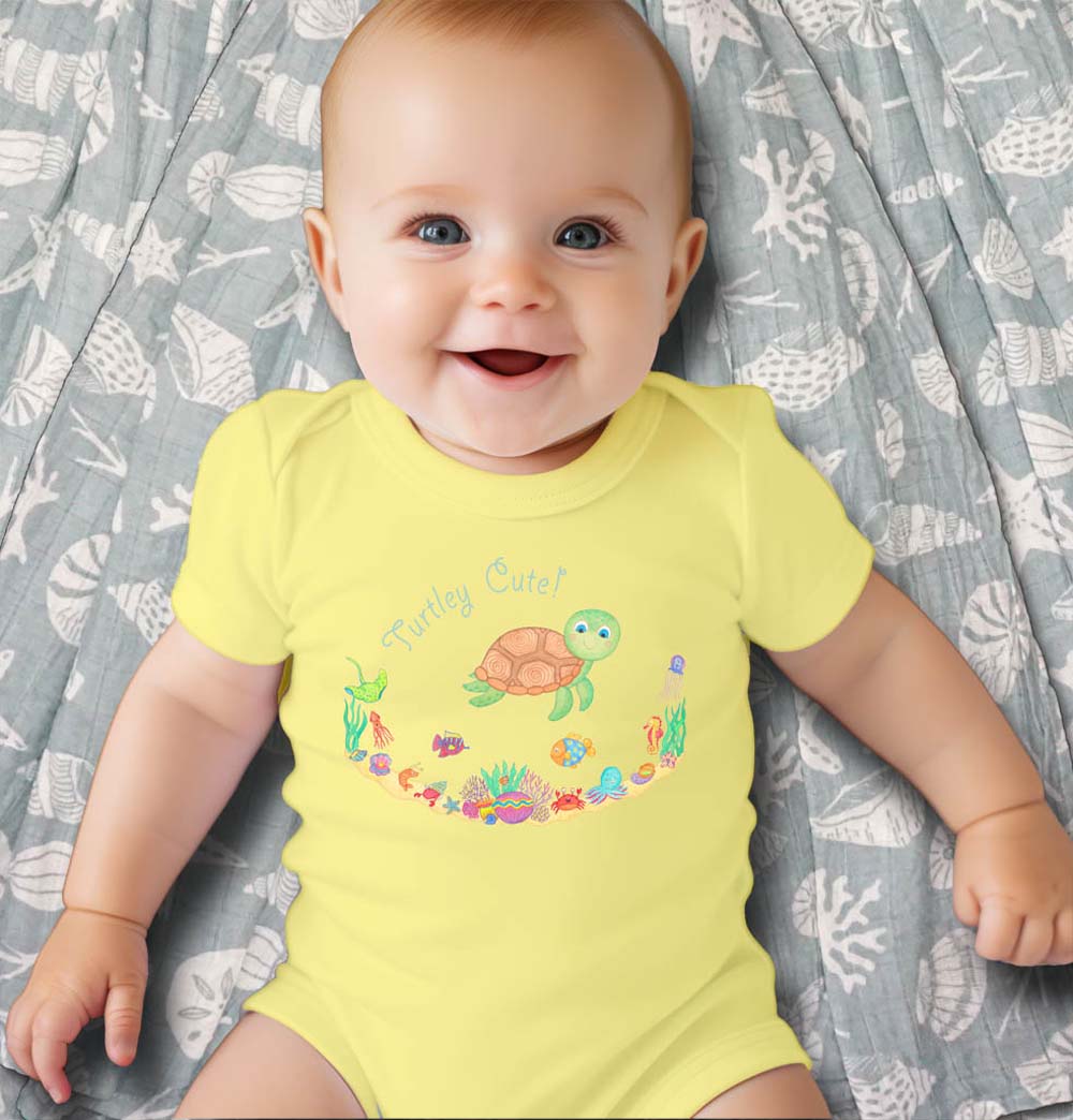 Baby Shower Gifts: Unisex Baby Clothes "Turtley Cute" Yellow Baby Romper with Muslin Wrap