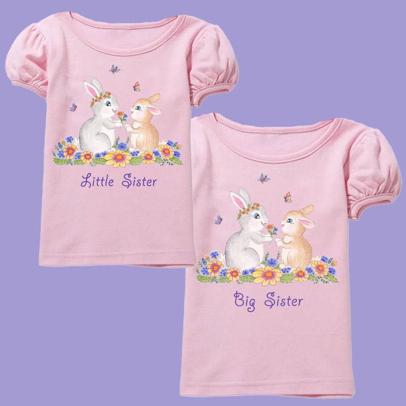 Big Sister and Little Sister Outfits: Baby Girl Rompers and Big Sister T shirt with Cute Bunnies