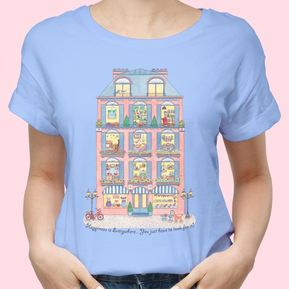 Women's T shirts: Blue T shirt "Happiness is Everywhere" Womens Graphic Tees