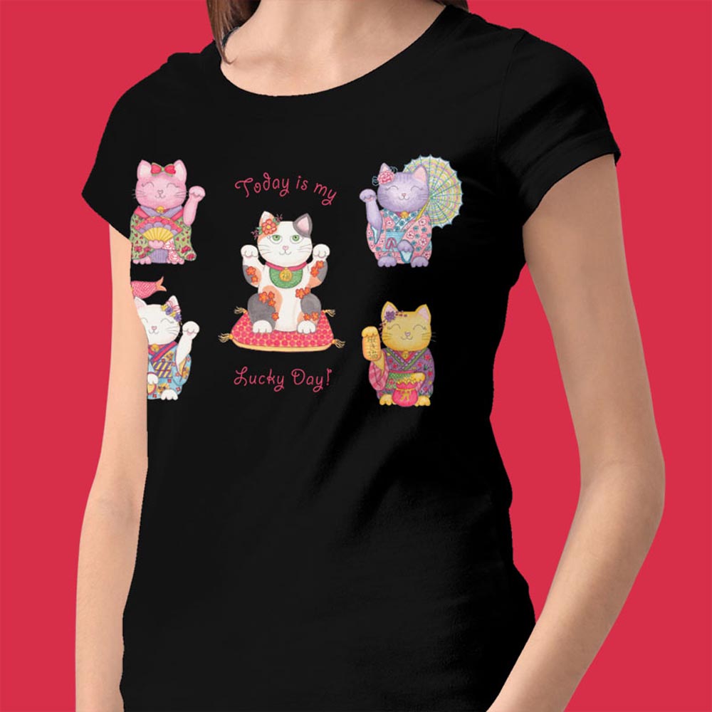 Womens Graphic Tees: Black T shirt "Today is my Lucky Day" Women's T shirts with Maneki Neko Lucky Cat