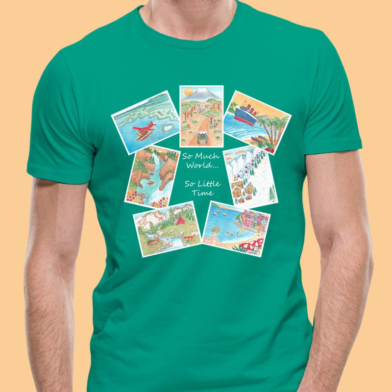 Mens T shirts: Postcard T shirt "So Much World... So Little Time" Mens Graphic Tees Green T shirt 