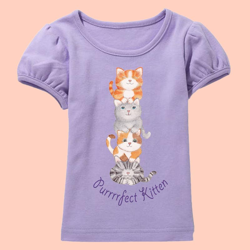 Toddler girl clothes: Cat T shirt "Purrrfect Kitten” Purple Girl T shirt with Cats Stacked on Top of Each Other