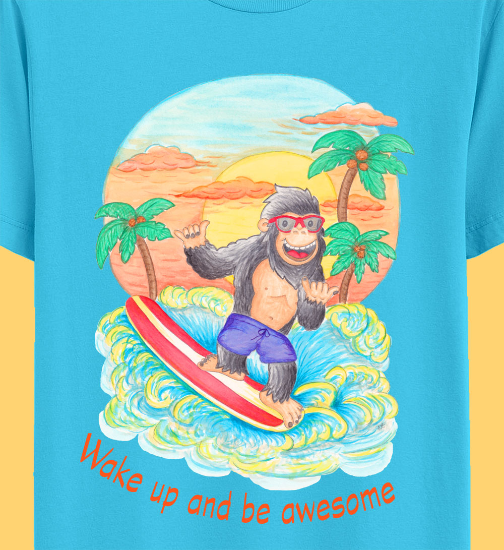 Aqua tee: Surfboard T-Shirts "Wake Up and Be Awesome" Blue T-Shirt with Surfing Gorilla