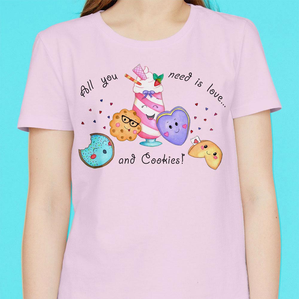 Womens Graphic Tees: Cotton T shirt "All You Need is Love and Cookies" Pink T shirts with Cute Cookies